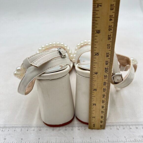 XYD Women's Pearl Strappy Bridal Open Toe Sandals Block High Heels Ankle Strap - Picture 5 of 7